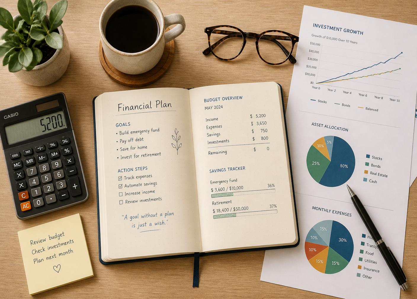 Financial planning notebook, calculator, coffee and charts on a desk