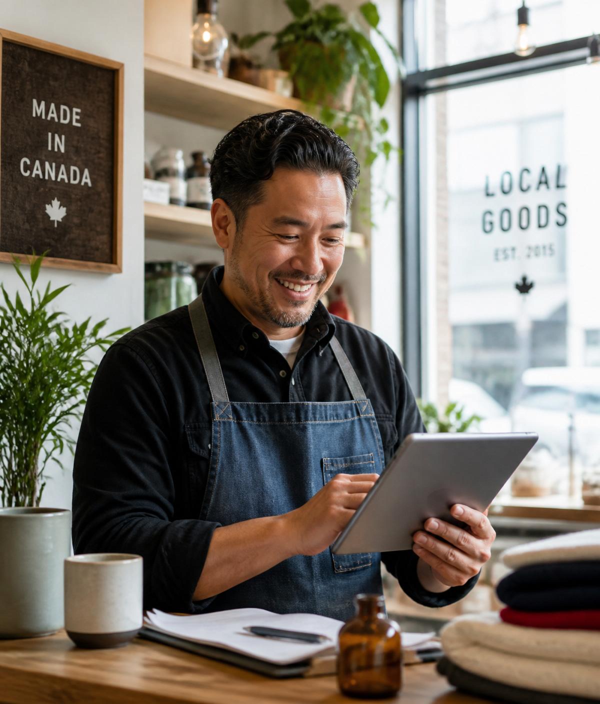 A Canadian small business owner smiling while reviewing finances in their shop